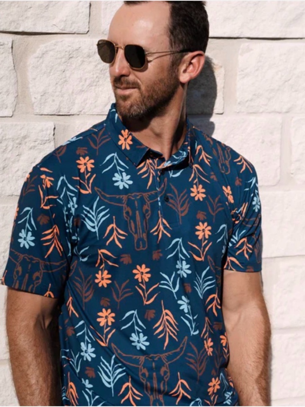 Raised by coyotes Men's Navy skulls and daisy Floral Short-Sleeve Polo Shirt XL